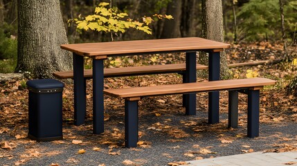 Outdoor Wooden Picnic Table Set with Benches and Trash Can