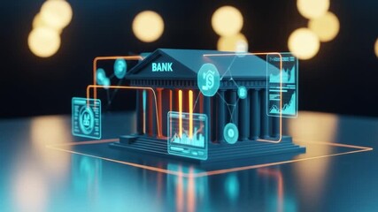Futuristic digital bank building with glowing data visualizations and cryptocurrency symbols, representing modern financial technology. - Powered by Adobe