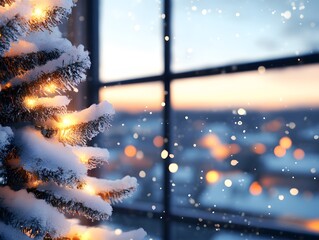 Snowy Christmas Tree Lights Winter Sunset Window View