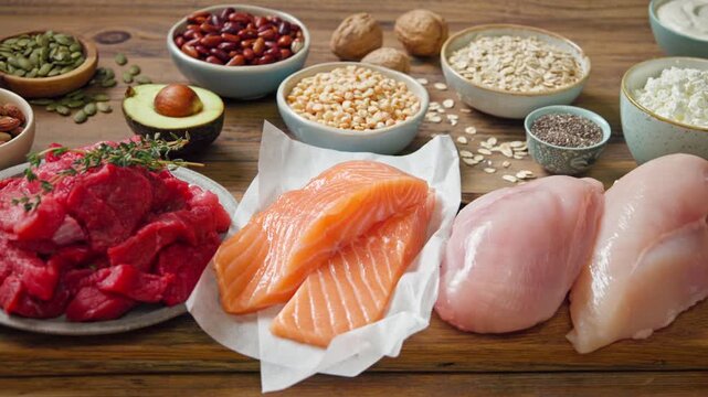 composition of various fresh protein diet products on wooden table background in kitchen, healthy eating, various fresh healthy products on rustic table. Healthy food clean eating selection