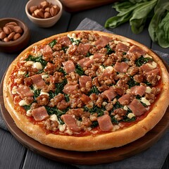 Delicious Spinach Sausage Pizza with Ham on Wooden Board