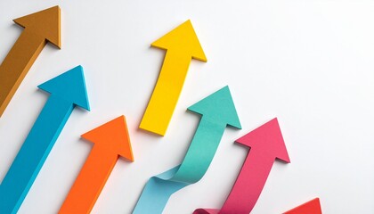 Top view of colorful arrows pointing upward, arranged side by side on a clean background, 