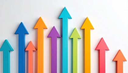 Top view of colorful arrows pointing upward, arranged side by side on a clean background, 