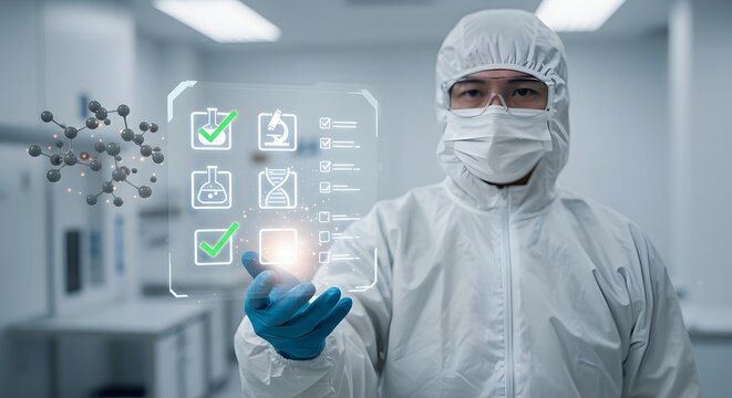 Biomedical research scientist analyzing data with holographic interface in modern laboratory setting.