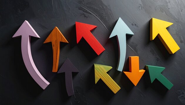 Top view of colorful arrows pointing upward, arranged side by side on a clean background, 