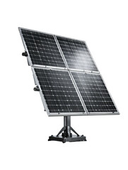 A four-panel solar array mounted on a tilting, metallic stand, isolated on a black background