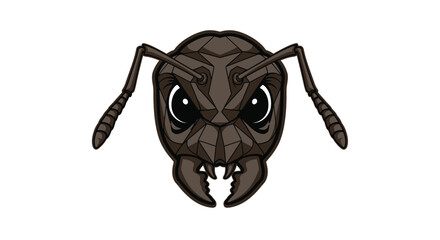 A close-up illustration of an ant's head with large, expressive eyes and sharp mandibles.