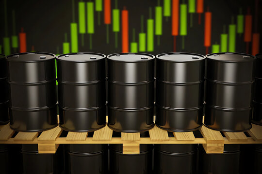 Row of black oil barrels stacked on a wooden pallet with a stock market graph in the background