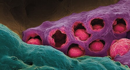 Microscopic view of colorful, porous tissue structure; vibrant hues and intricate textures