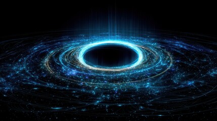 Glowing Blue Black Hole with Swirling Accretion Disk and Light Rays.