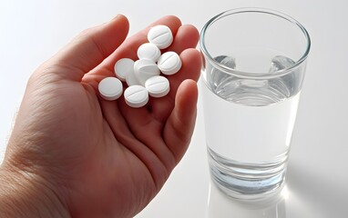 Hand Holding Pills with Glass of Water Medicine Healthcare