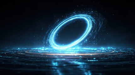 Ethereal Blue Neon Portal Ring Emitting Futuristic Sci-Fi Energy Pulses on Dark Reflective Surface.