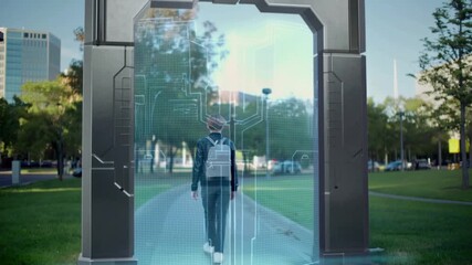 Futuristic archway with holographic cityscape - Powered by Adobe