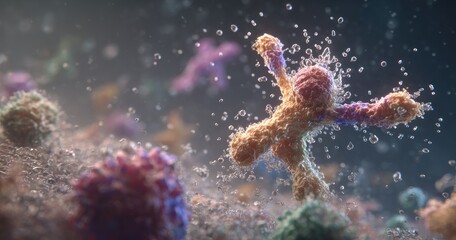 Microscopic view of biological structures, showing chromosomes and cellular elements