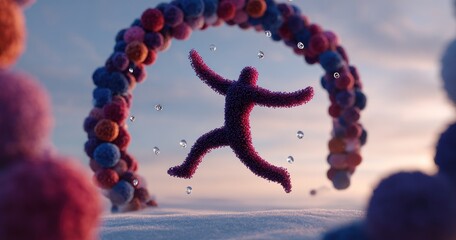Abstract figure jumps joyfully through an arch of colorful, fuzzy spheres on a snowy plane