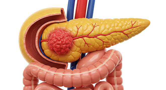 Detailed anatomical illustration of the human pancreas and surrounding digestive organs with a visible tumor