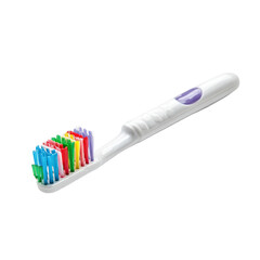 A white toothbrush with multicolored bristles angled slightly to the right, isolated on a black background