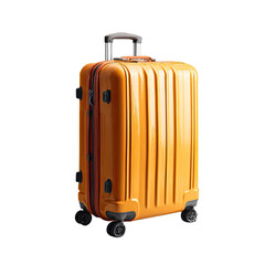 A vibrant orange hard-shell suitcase with four wheels, a retractable handle, and subtle vertical grooves, shown against a black background