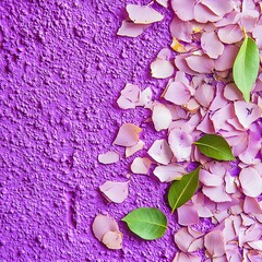 Scattered Pink Petals and Green Leaves on Purple Texture Background