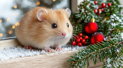 Christmas pet with weird angle shows adorable hamster near festive window with snow pine branch and red ornament creating joyful mood