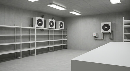 Empty industrial cold storage room with white shelving units and cooling fans on the wall