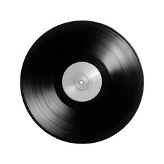 A gleaming black vinyl record with a smooth, silver label, reflecting light