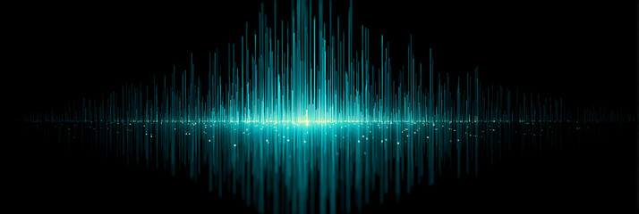 Obraz premium Abstract black background featuring an intense teal blue vertical sound wave or equalizer graph pattern radiating from a bright central point.