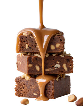 Indulgent chocolate brownies generously drizzled with luscious, flowing caramel and studded with crunchy nuts create a decadent treat.