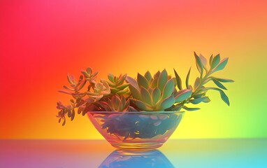 Vibrant Succulents in Glass Bowl, Colorful Background