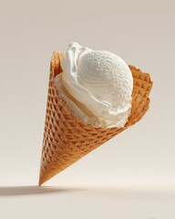 Creamy Vanilla Ice Cream Scoop in a Crisp Waffle Cone, Studio Shot.