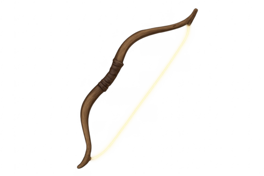Wooden recurve bow with glowing string, fantasy weapon