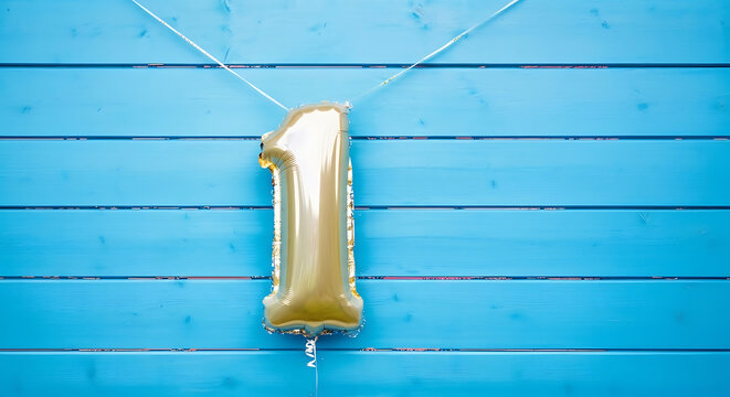 Celebrate number one with a shimmering gold balloon against a vibrant blue wood backdrop, perfect for anniversaries, or recognizing top achievements