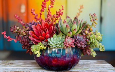 Vibrant Succulent Arrangement in Colorful Bowl