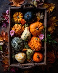 Autumnal Harvest - Rustic Wooden Tray Overflowing with Colorful Pumpkins and Gourds.