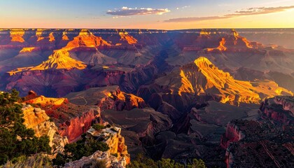 Obraz premium Grand Canyon Vista at Sunrise Majestic Arizona Landscape Golden Hour Light Deep Red Canyon Walls Dramatic Sky Nature Scenery Panoramic View USA Landmark