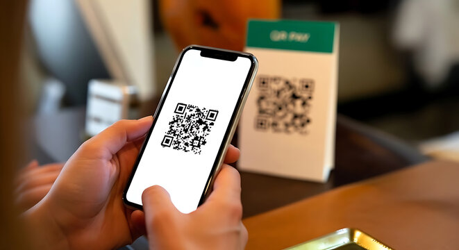 Effortless payments using a mobile phone to scan QR codes in modern cafe, seamless digital transactions and convenience, perfect for business promotion