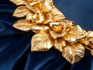 Luxury Gold Flowers on Blue Velvet Fabric Texture
