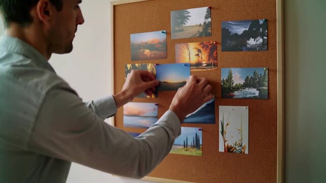 Man organizing photographs on a corkboard in an office