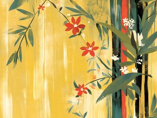 Abstract Floral Painting Red Flowers Green Leaves Yellow Background