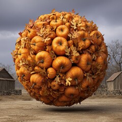 Mysterious Levitating Sphere of Pumpkins and Leaves Over a Rustic Farm.