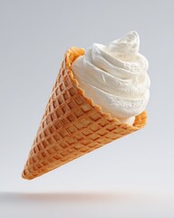 Perfectly Swirled Vanilla Soft Serve Ice Cream in Crisp Waffle Cone, Floating on a Bright Background.