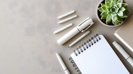Flatlay Minimalist Workspace Design, White Pens, Notebook, Succulent Plant