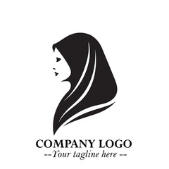 Black and White Woman Hijab Silhouette Close Up Logo in Minimalist Elegant Modern Vector Design