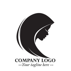 Black and White Woman Hijab Silhouette Close Up Logo in Minimalist Elegant Modern Vector Design