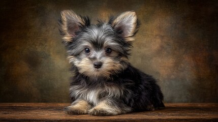 Cute puppy dog sitting down in a well lit studio, showcasing its adorable features. This puppy dog captures hearts with its charming presence and playful nature.
