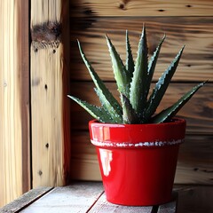 Aloe Vera Plant in Red Pot Rustic Wooden Background
