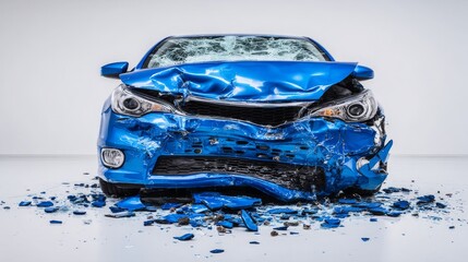 damaged blue car with crumpled front end, showcasing aftermath of collision. wreckage includes scattered debris on white background, emphasizing severity of accident