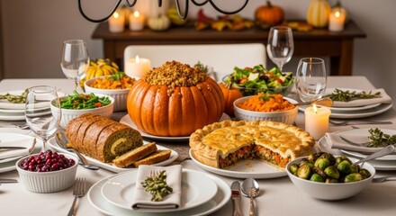 Vegan Thanksgiving dinner feast. Festive table features plant-based dishes like stuffed pumpkin, nut roast, and vegetable pie. Healthy and delicious holiday meal with seasonal decorations and candles.