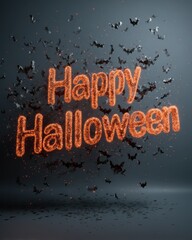 Eerie Orange Happy Halloween Text Amidst Swirling Black Bats and Dark Atmosphere.