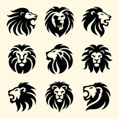 Nine black lion head illustrations on a beige background